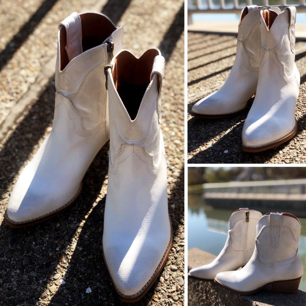 NEW Distressed Pointy Toe Stack Block Heel Western Ankle Booties Boots Off White - Picture 9 of 11